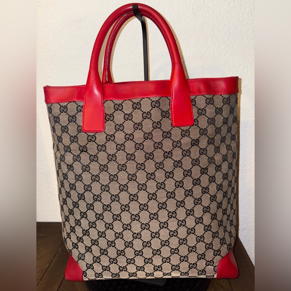 Gucci Red and Brown Monogram Tote Bag - Picture 6 of 16
